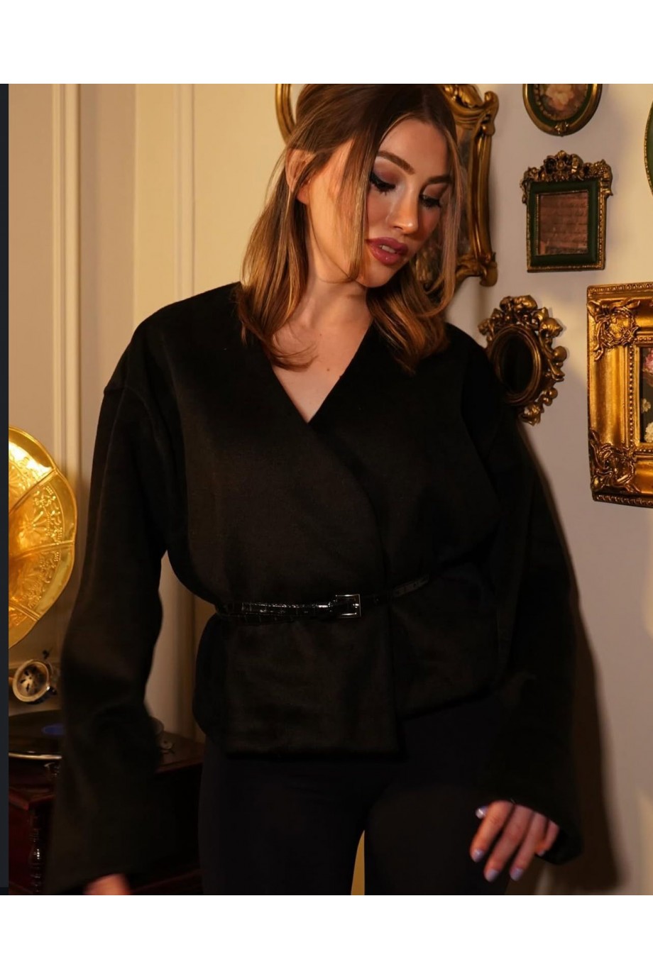 KAŞE KUMAŞ  KEMERLİ CEKET - SİYAH - GC-0012